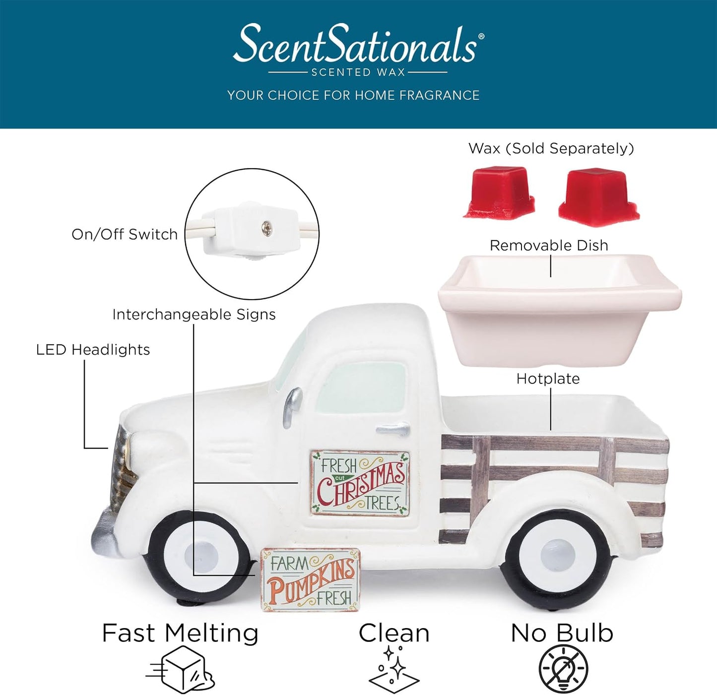 Scentsationals Truck Collection - Scented Wax Warmer - Travel Wax Cube Melter & Burner - Electric Fragrance Home Air Freshener White Truck with Changi...