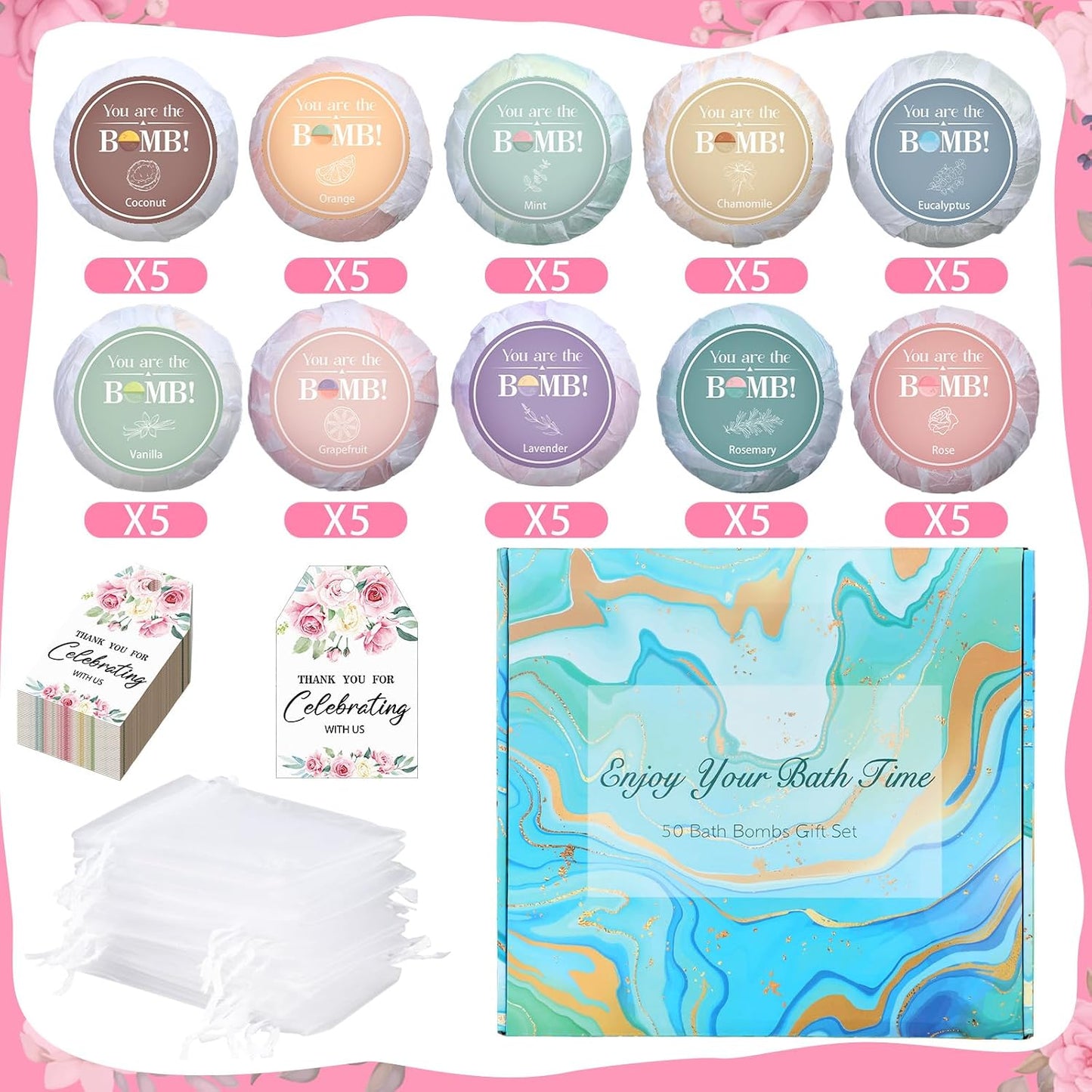 50 Sets Bridal Shower Wedding Party Favors Bath Bombs Mini Bulk Thank You Gifts for Guests Floral 10 Flavors for Bachelorette Party