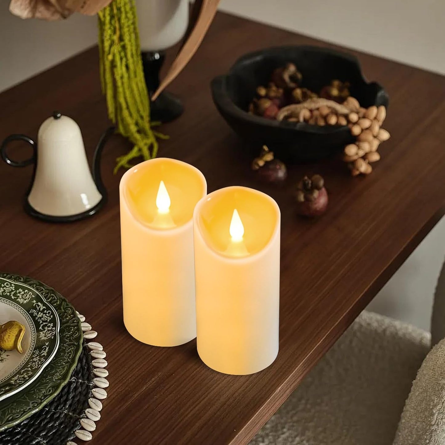 YIWER Flameless Plastic LED Candles,Pack of 2 Battery Operated Flickering Candle with Remote Control and Timer Electric Fake Light D3 H6 Ivory Pillar