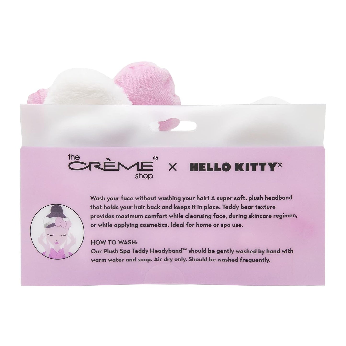 The Crème Shop Plush Spa Headband w/Hello Kitty's Signature Bow, Spa Headband for Washing Face, Skincare Headbands, Soft & Fluffy Headbands for Women (Pink)