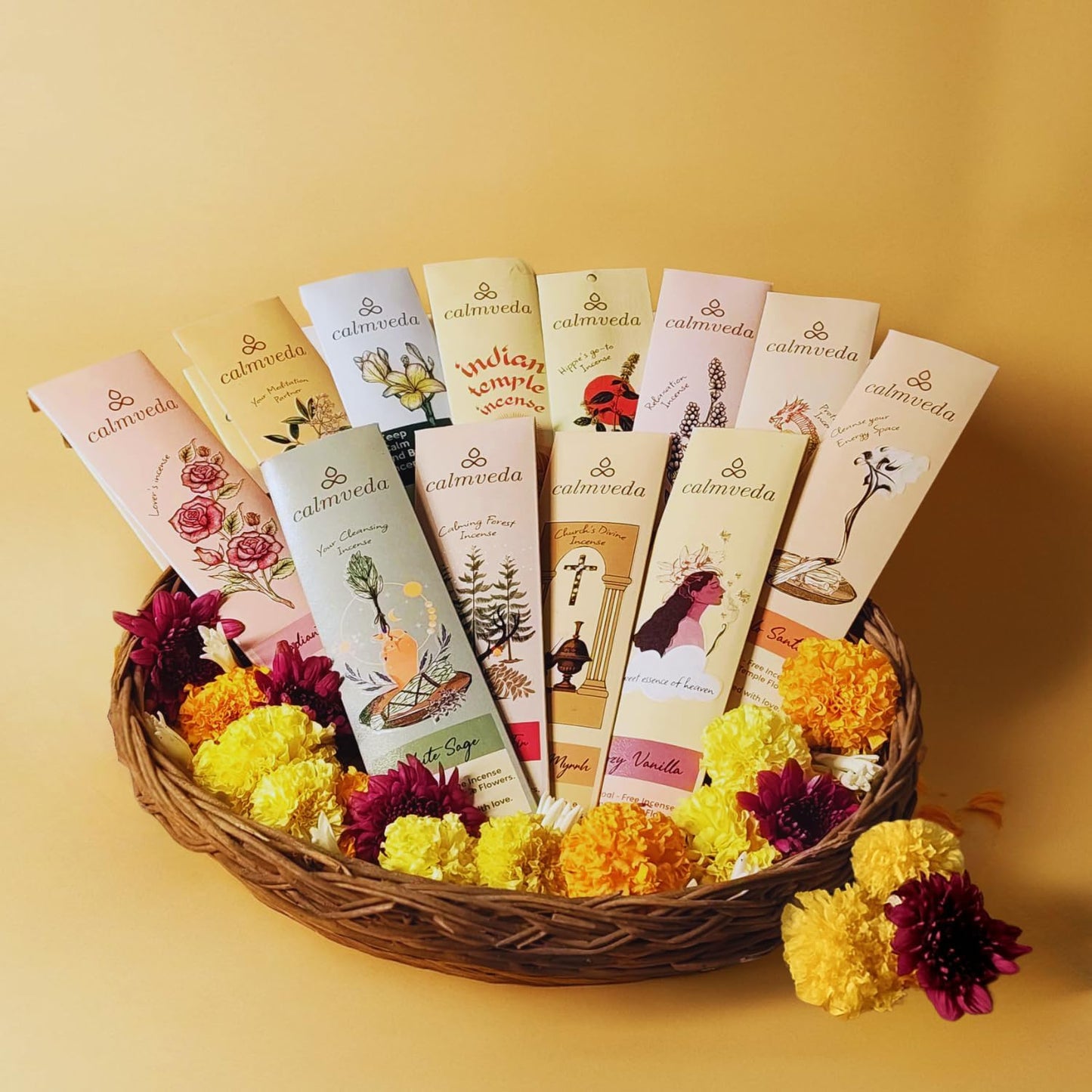 CALMVEDA Natural Incense Sticks Mega - Variety Pack (144 Insence-Sticks Bulk, 12 Aromas) Clean No Charcoal, Made from Upcycled Flowers | Organic Incense Stick Non Toxic (Slow Burn, Longlast)