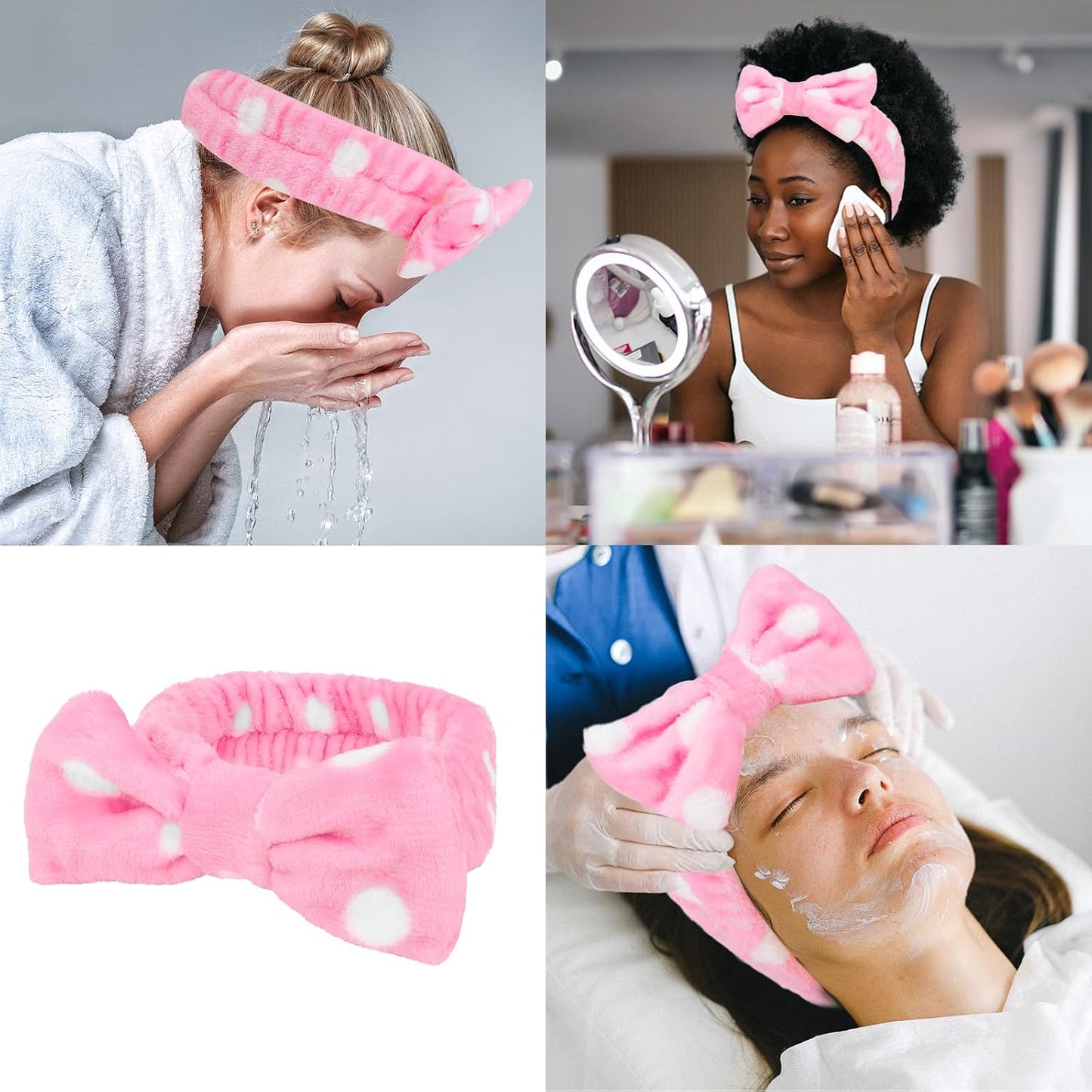 CIEHER 8 Pcs Spa Headbands for Women & Girls - Pink Dot Spa Headbands for Bachelorette Party, Sleep Party, Skincare, Makeup & Face Wash Use