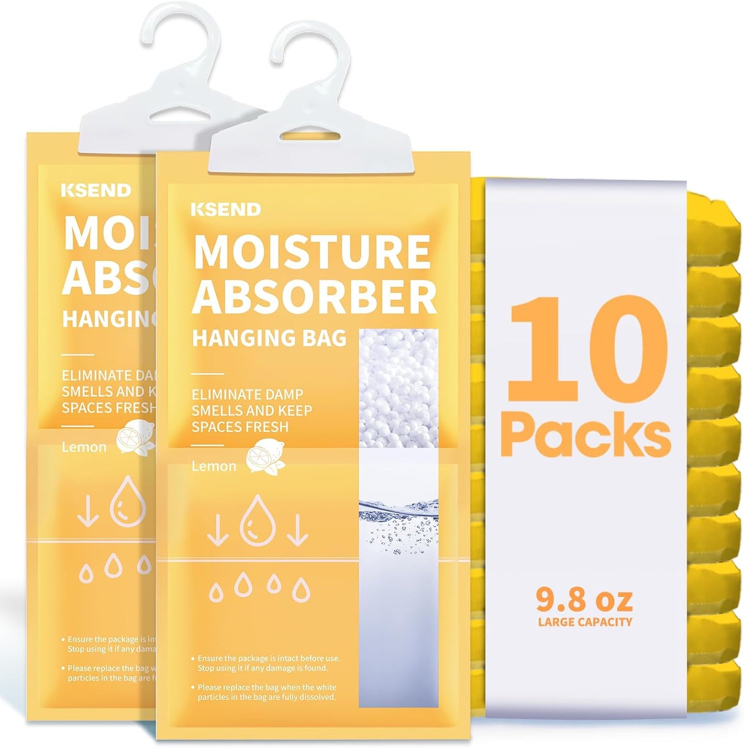 Ksend Moisture Absorbers 10 Pack, 9.8 Oz Compact Dehumidifier Bags & Packs, Moisture Hanging Bag, Humidity Absorbers, Closet Deodorizer Against Musty Odors, Lemon Scent, 11.8" x 6.3"