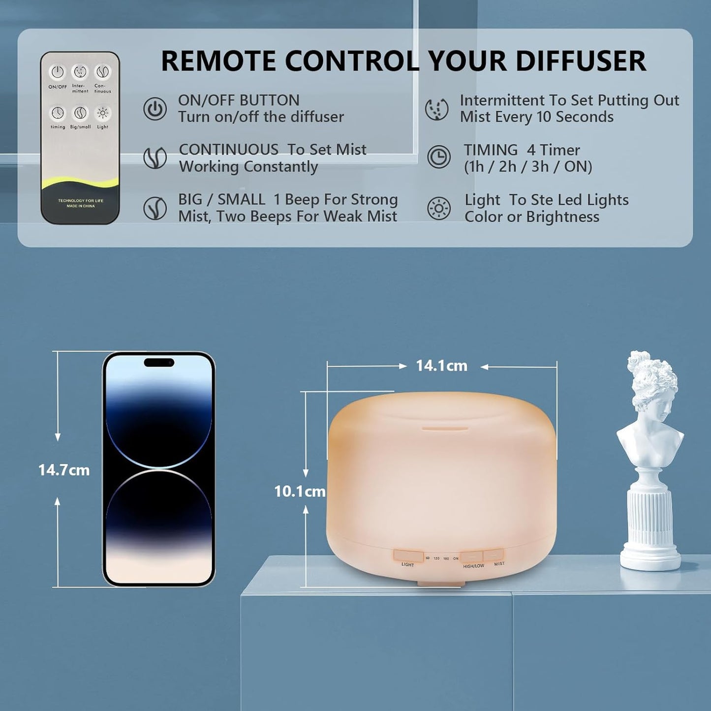 Oil Diffuser, 500ml Essential Oil Diffusers, Aromatherapy Diffuser with 2 Mist Mode 4 Timers&7 Ambient Light Waterless Auto Off, Diffusers Large Room Home Office