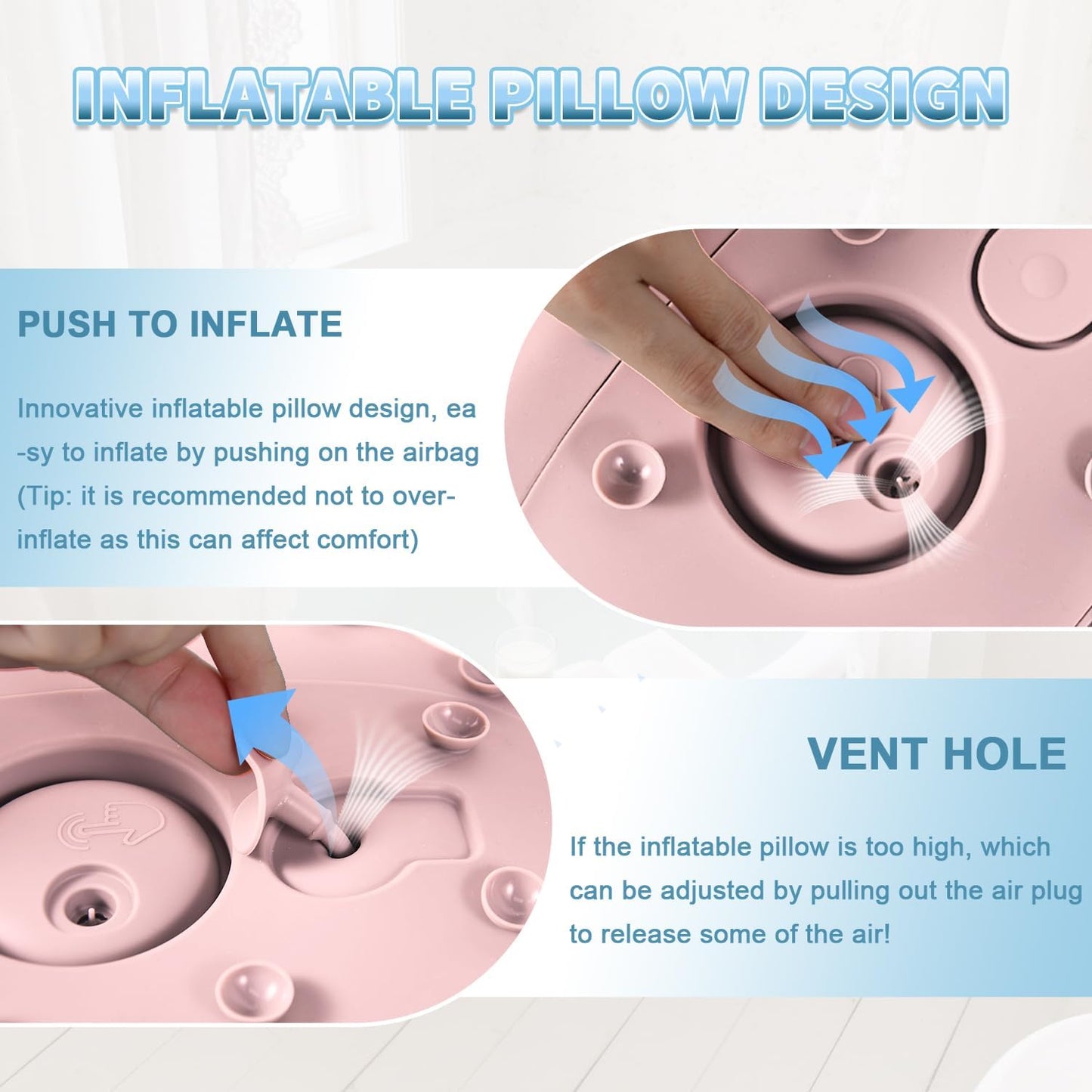 Silicone Bath Pillow for Tub – Ergonomic Bathtub Headrest with Inflatable Air Cushion, Non-Slip Suction Cups & Neck/Back Support – Comfortable Spa Bath Accessory for Relaxation (Pink)