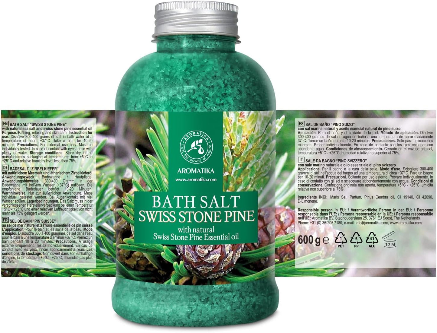 Pine Bath Salt w/Natural Swiss Stone Pine Essential Oil 21.16 Oz - Pinus Cembra - Natural Bath Sea Salts - Coniferous Salts - Best for Bath - Good Sleep - Relaxing - Body Care - Beauty - Aromatherapy
