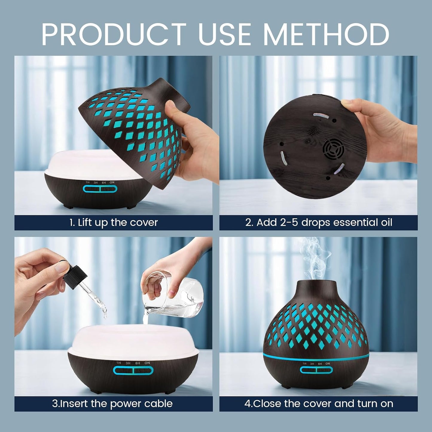 Aeshory Essential Oil Diffuser & 12 Essential Oils Set, 550ML Aromatherapy Diffuser for Home, Ultrasonic Cool Mist Humidifier with Remote Control 4 Timer 7 Color LED Light, Waterless Auto Off, Dark