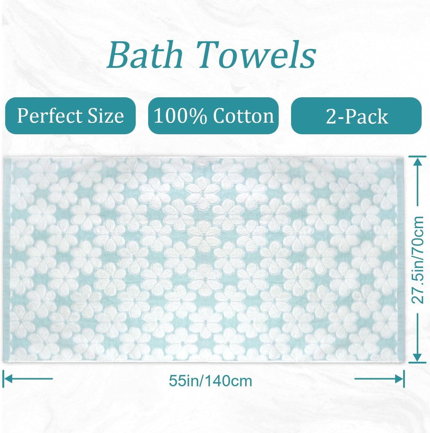 Cotton Towels for Bathroom Decor with Floral Jacquard, Super Soft and Absorbent Bath Towel Set of 2, Large Size 27.5x55 Inches