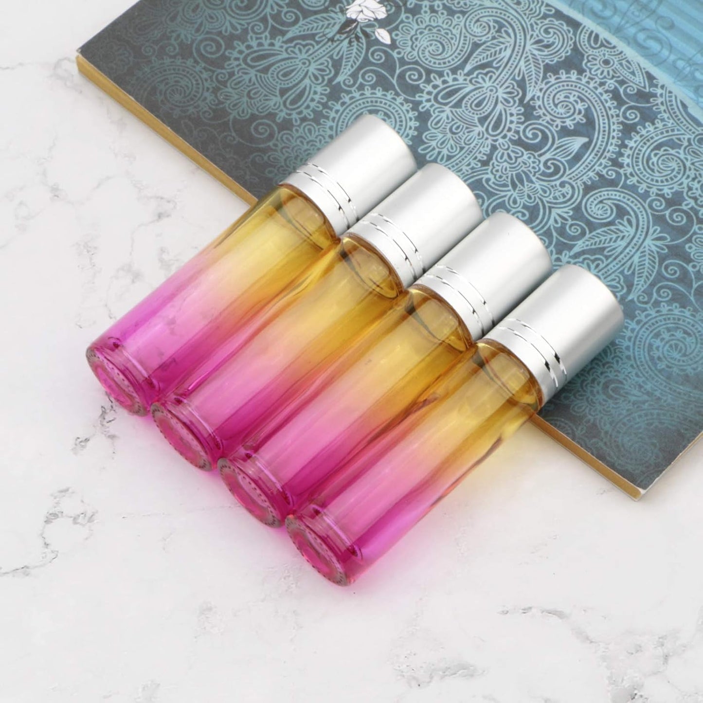 10Pcs Glass Rolling Bottles Set, 10ml (1/3oz) Yellow Rose Gradient Roll on Vials with Funnels for Essential Oil Aromatherapy Perfume Liquid Massage