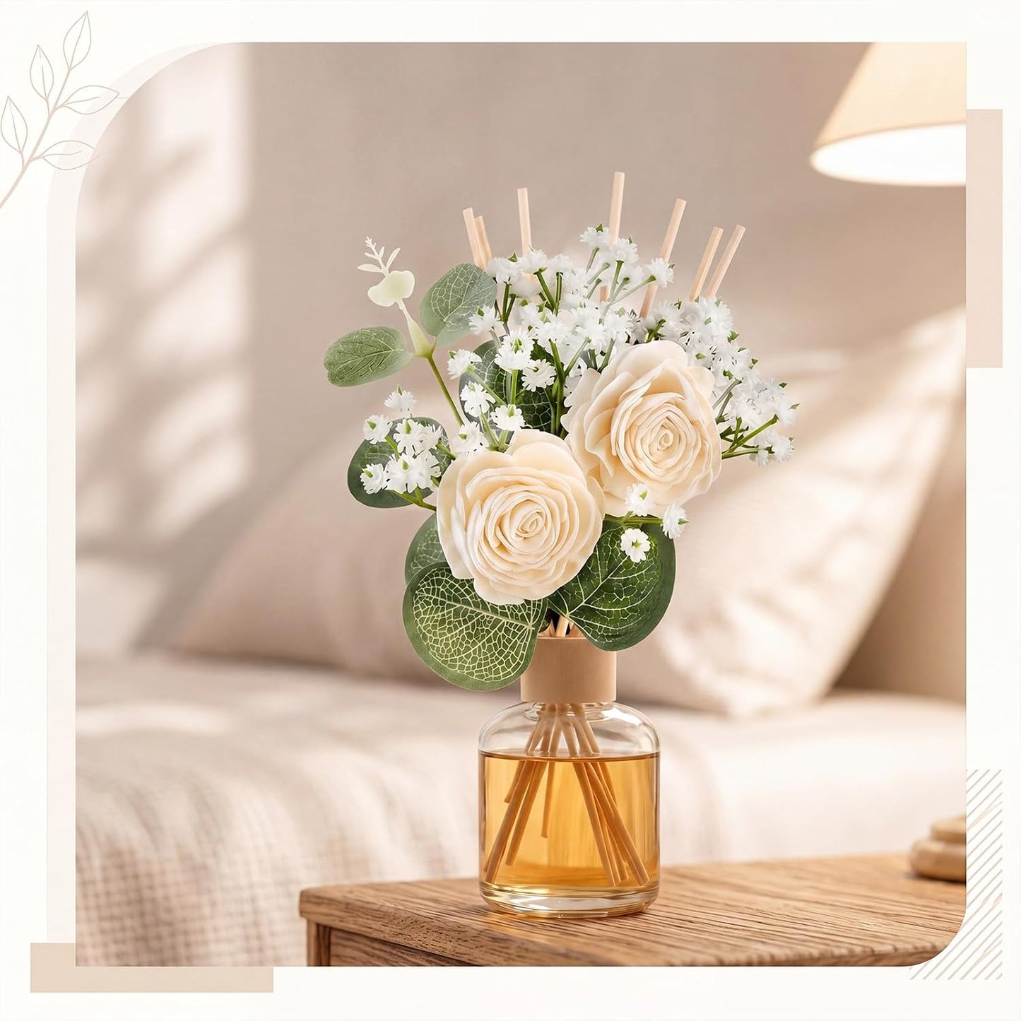 XunYee 33 Pcs Reed Diffuser Set Include Flowers and Sticks,Sola Flowers with Eucalyptus and Gypsophila Oil Diffuser Sticks Aromatherapy for Home Decor Bathroom Decor (Rose, Lotus, Chrysanthemum)