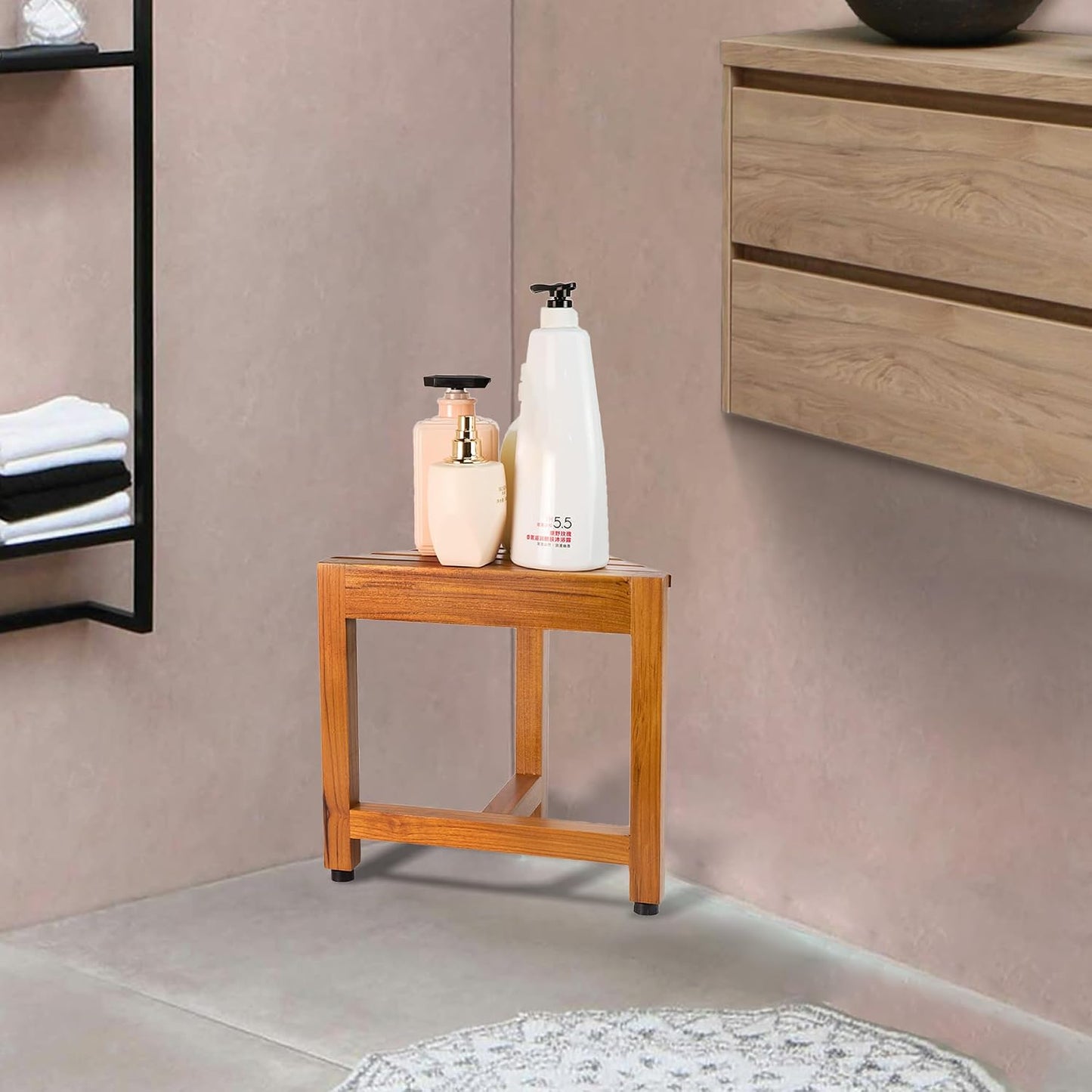 VaeFae Premium Teak Bathtub Tray and Teak Shower Corner Bench Small