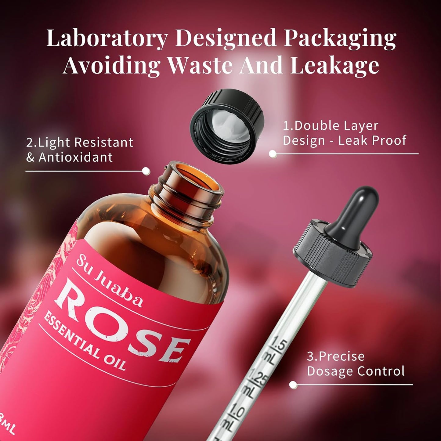 SU JUABA Rose Essential Oil 4 Fl Oz, 100% Pure Rose Oil for Face, Skin, Hair, Diffuser, Aromatherapy -118ml