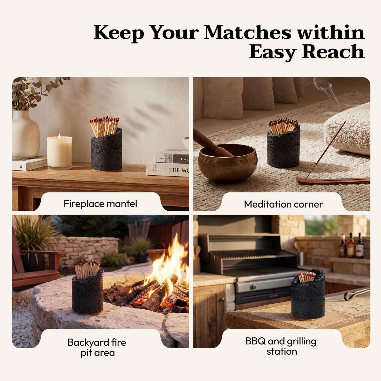 Ceramic Match Holder with Striker - Set of 2 - Handmade Match Box - Matches in a Jar for Bathroom Candle -Black 10 Extra Striker Pads - Modern Bathroom & Home Decor Gift - Matte Black & Speckled White
