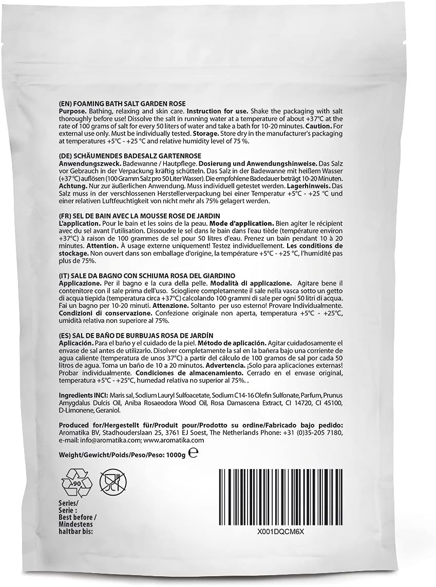 Foaming Bath Sea Salt Rose 35 Oz - 1000g - Bubble Bath Salts with Almond & Rosewood Essential Oil & Rosa Damascena Flower Extract for Bath Soak - Relaxing Bath - Aromatherapy Bath Salts