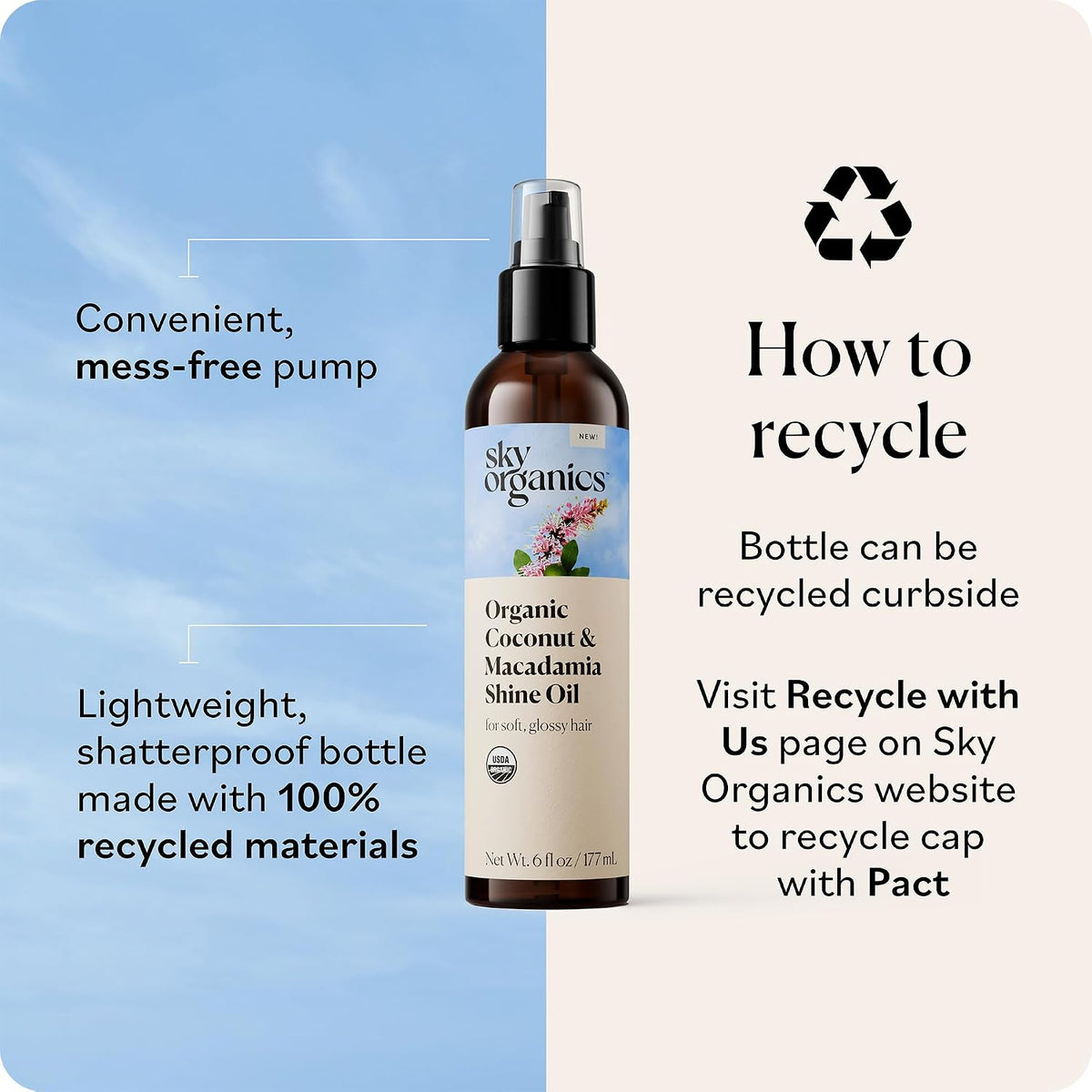 Sky Organics Organic Coconut & Macadamia Shine Oil 6oz, Hydrating Hair Oil