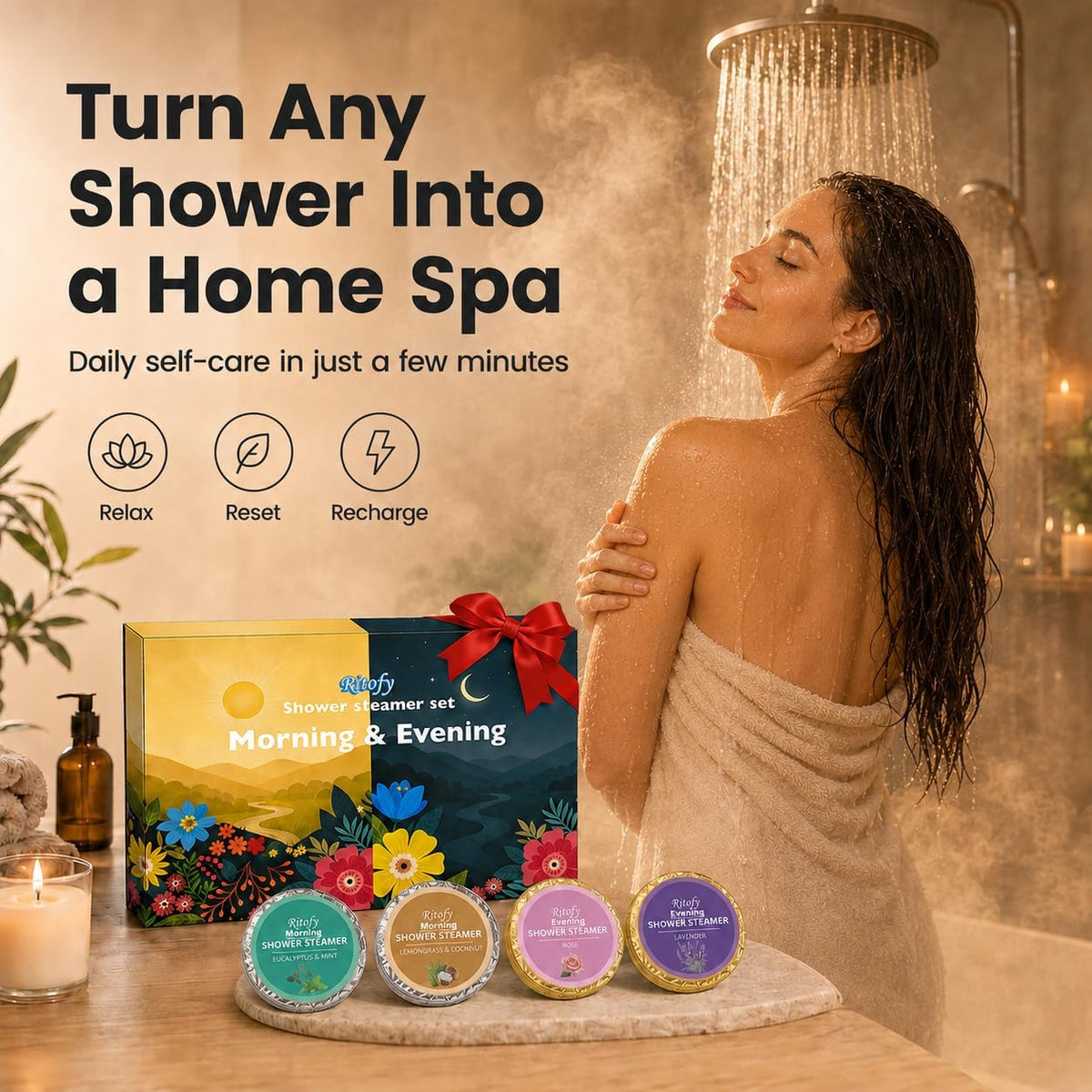 Shower Steamers Aromatherapy AM & PM, 12 Pack Individually Wrapped Long-Lasting Aroma Shower Bombs Tablets Set, Gift for Women, Self Care Lavender, Rose, Lemongrass Coconut, Eucalyptus Mint