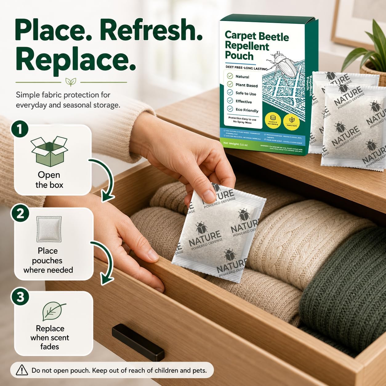 Carpet Beetle Repellent 8 Pack, Plant-Powered Cedarwood Sachets for Wool, Clothes, Fabrics, Pro-Active Deterrent for Carpet Beetle Larvae & Eggs, Long-Lasting Indoor Protection for Pest Control