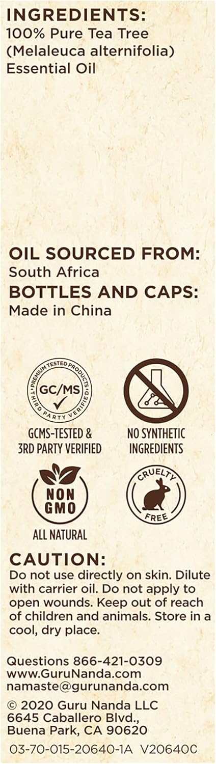 GuruNanda Tea Tree Essential Oil, 100% Pure, Natural and Undiluted Diffuser Oil for Aromatherapy, Massages & DIY Recipies, Helps in Skin & Hair Care (2X0.5 fl Oz)