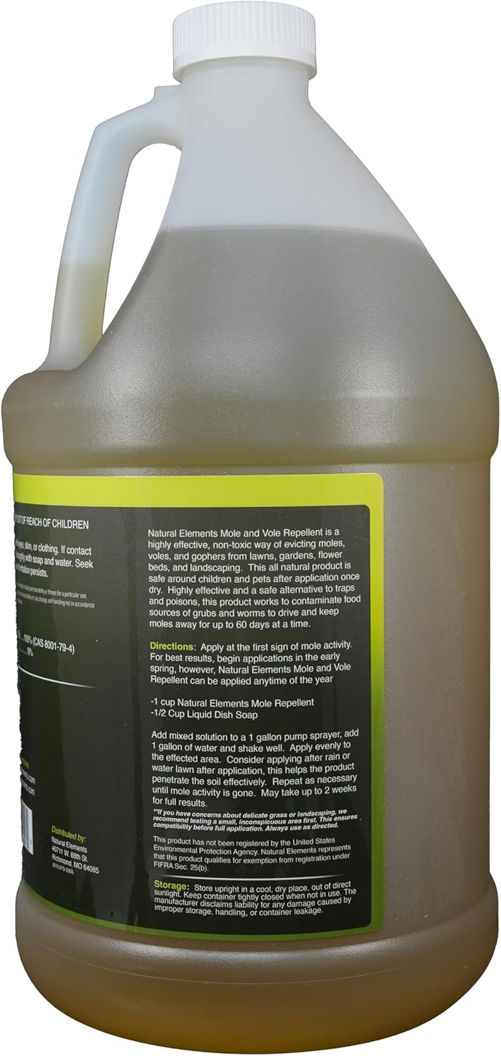 Natural Elements Mole and Vole Repellent β 100% Castor Oil Formula β Lawn and Yard Treatment β Covers Large Areas β 128 oz (1 Gallon)