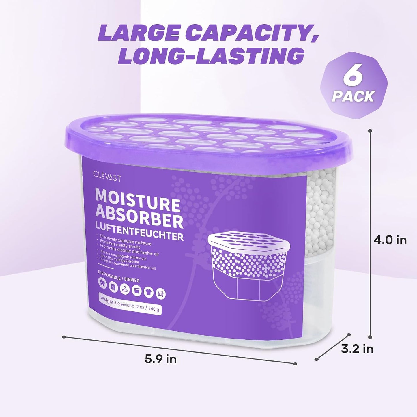 CLEVAST Moisture Absorber Boxes 6 Pack, 12 Oz Dehumidifier for Closet & Bathroom, Humidity Absorber for Wardrobe, Bedroom, RV & Car, Moisture Control, Lavender Scented