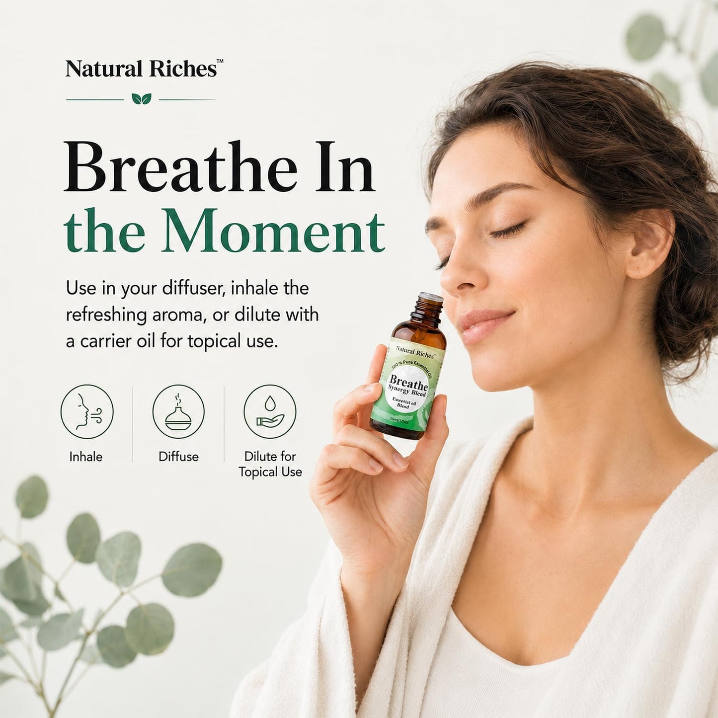Natural Riches Breathe Essential Oil Blend Breathe Easy with Peppermint Eucalyptus Tea Tree Lemon Cardamom Pine Needle Essential Oils - 30 ml
