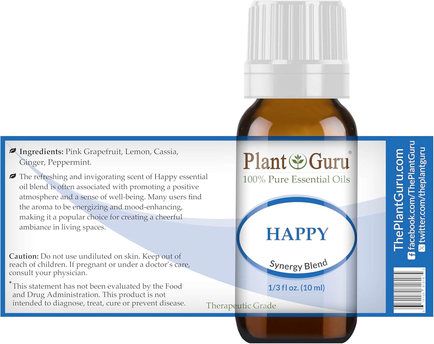 Happy Essential Oil Blend 10 ml 100% Pure, Undiluted, Therapeutic Grade. (Blend of: Pink Grapefruit, Lemon, Cassia, Ginger, Peppermint)