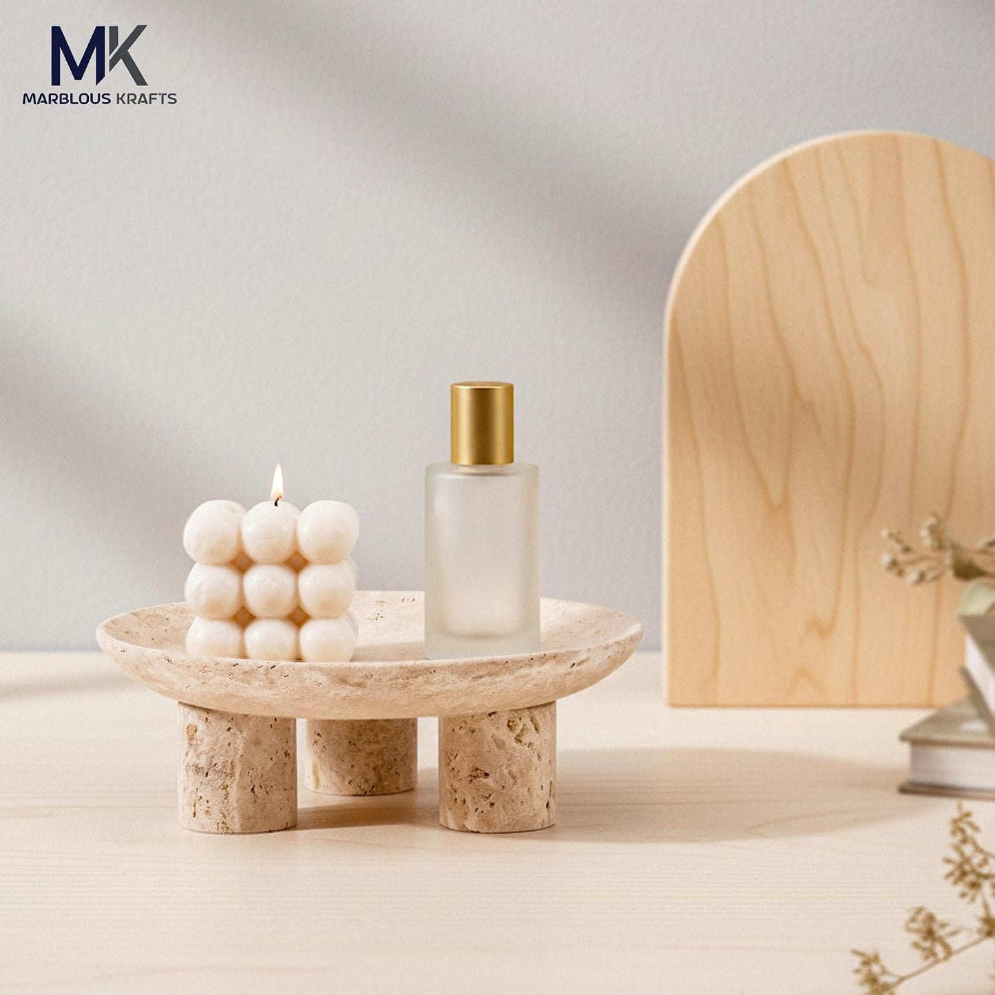 Marblous Krafts Travertine Decorative Tray 8 Inch Handmade Natural Stone Vanity Tray, Candle Holder Display, Perfume Tray Organizer, Jewelry Dish & Coffee Table Decor for Modern Home