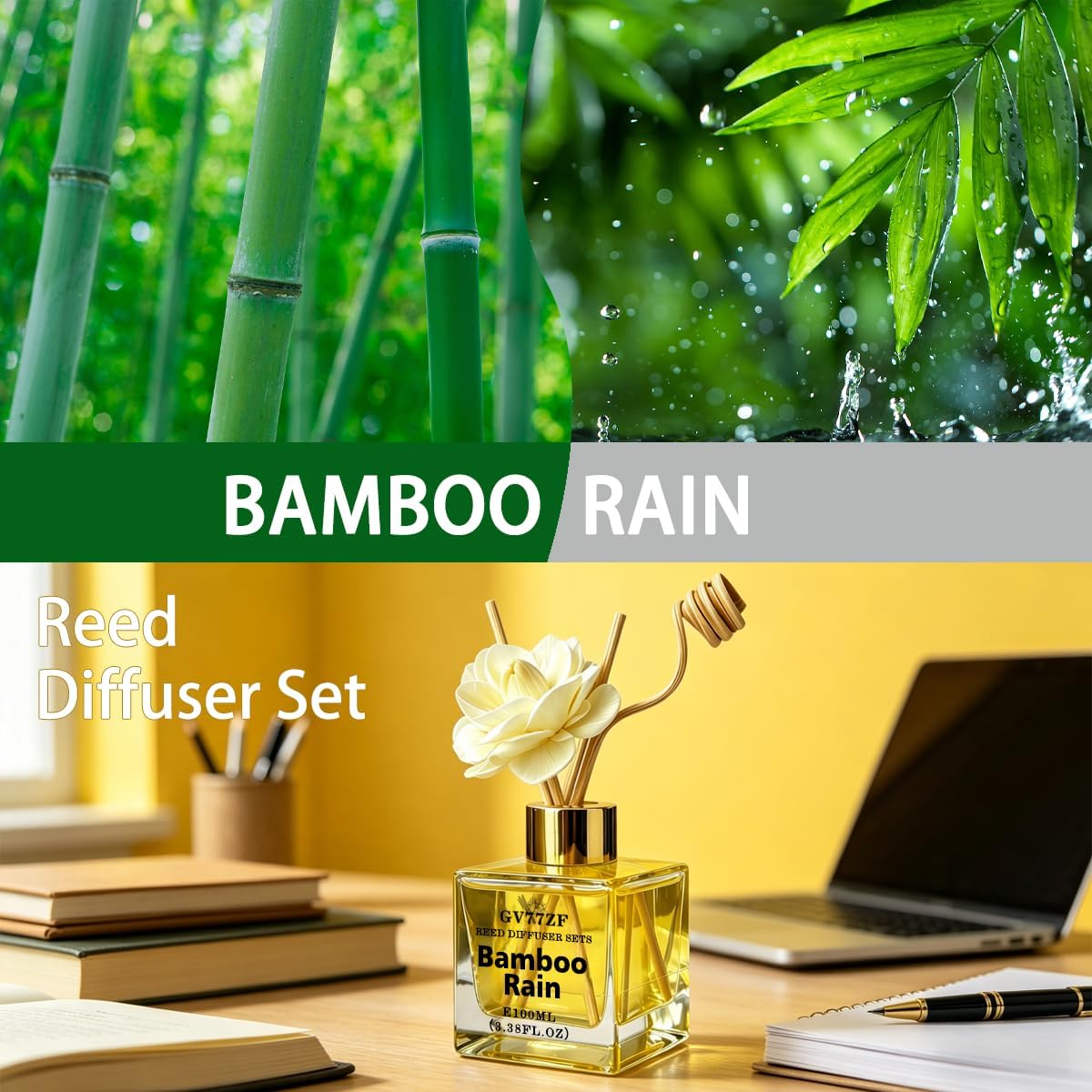 Bamboo & Rain Reed Diffuser – 3.38 oz Glass Bottle with Rattan Sticks & Dried Flowers, Fresh Clean Scent for Home, Adjustable Intensity Aroma Gift for Women, Housewarming, Mom