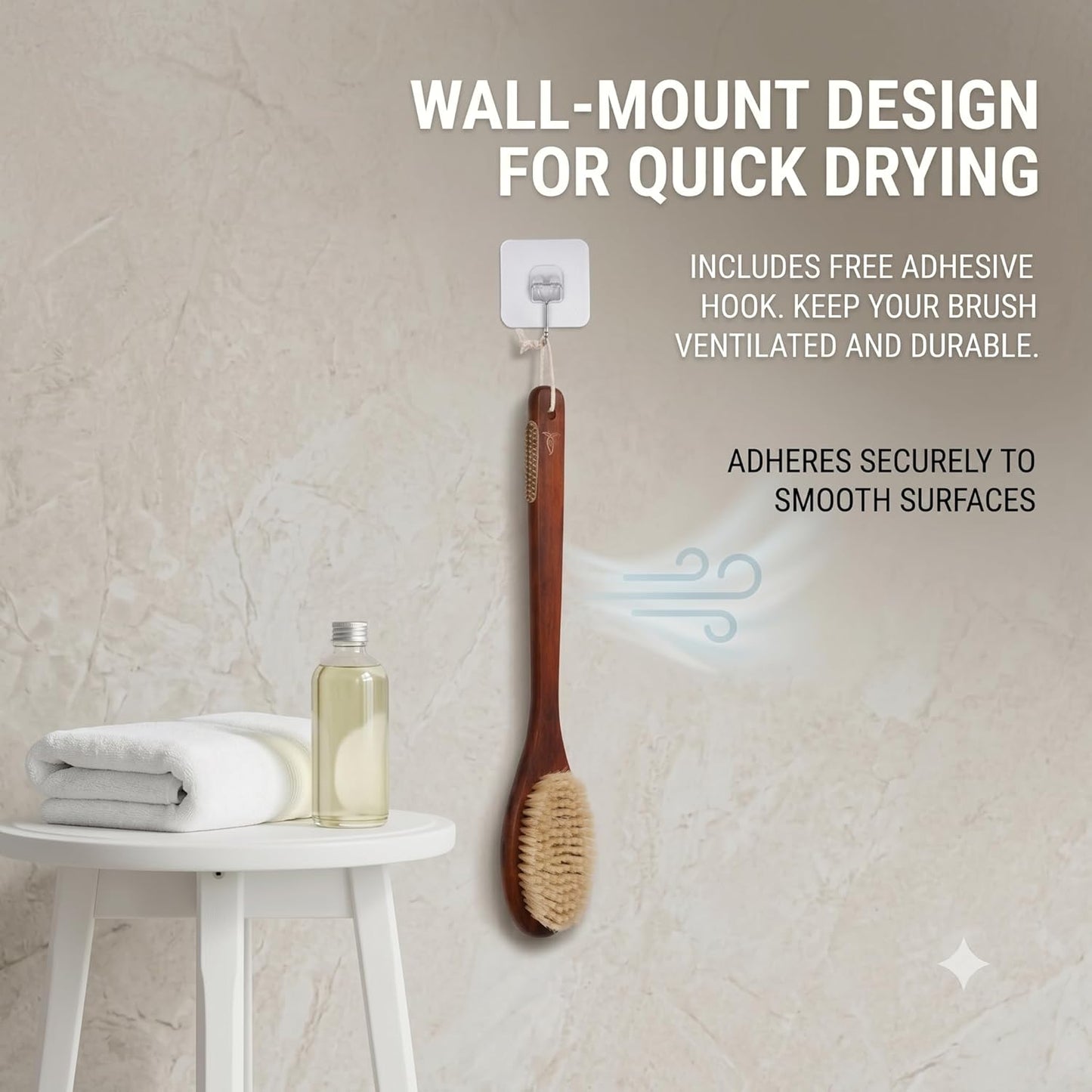 Wooden Bath Brush with Gentle Bristles Long Handle for Shower Back Scrubber Body Exfoliator (Gental Boar Bristle)