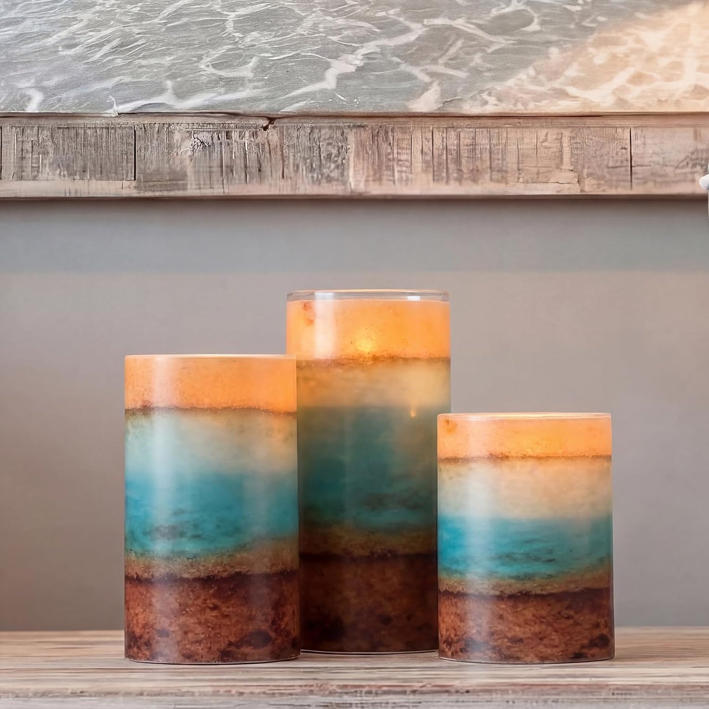 Tujoe 3 Pcs Summer Ocean Flameless Candles Teal Beach LED Battery Pillar Candles Set Battery Operated Coastal Nautical Decorations Flickering Gifts with Remote Decorations for Holiday