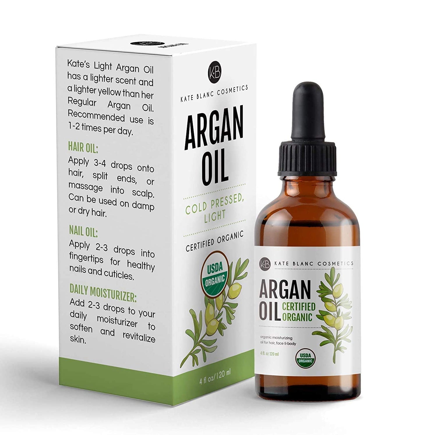 Kate Blanc Cosmetics Argan Oil for Hair, Face & Skin from Morocco (4oz, USDA Certified Organic, Cold Pressed & 100% Pure, Light)