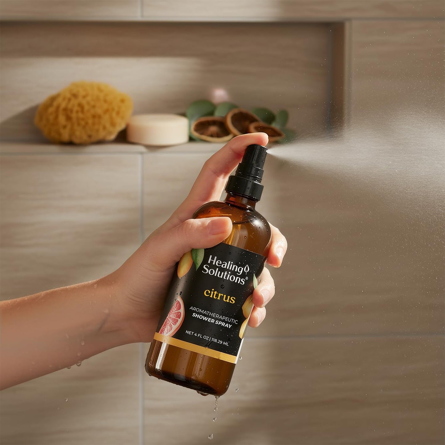 Healing Solutions Aromatherapy Shower Spray, Citrus, 4oz, Therapeutic Grade Essential Oils, Made in the USA, At Home Spa Experience (4oz, Citrus)