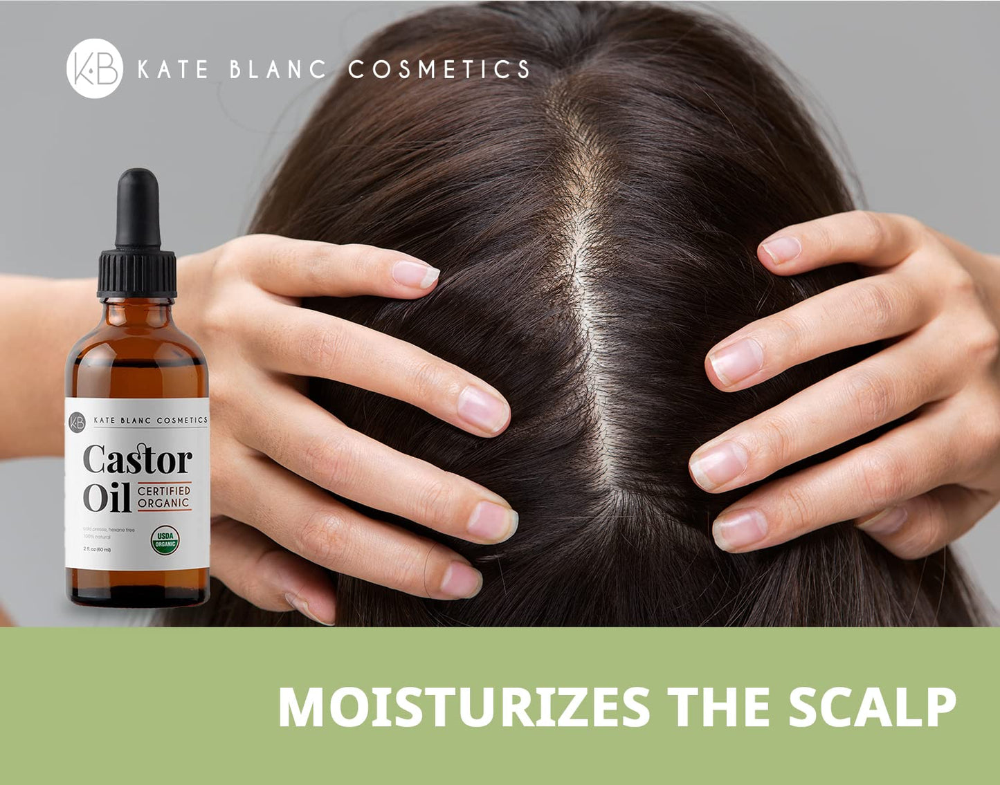 Kate Blanc Cosmetics Castor Oil Organic for Hair, Lashes, Face, Skin (2oz), 100% Pure, Cold Pressed, Hexane Free Hair Oil. Lash Serum for Thicker-Looking Eyelashes & Eyebrows