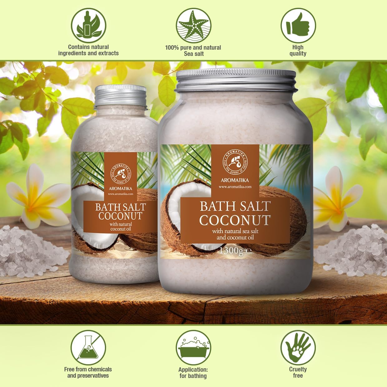 Bath Sea Salt Coconut 46 Oz (1300g) - Coconut Oil for Bath Soak - Natural Sea Salt - Body Care - Beauty - Wellness - Relaxation - Aromatherapy Bath Salts - Exotic Scent