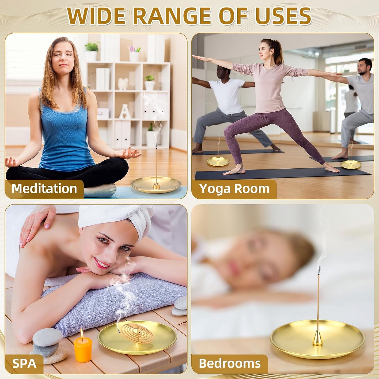 Baderke 12 Set 4 in 1 Incense Burner 5.5 Inch Brass Incense Holder for Sticks Coil Cones Brass Ash Catcher for Meditation Yoga Room, Home Fragrance Decoration