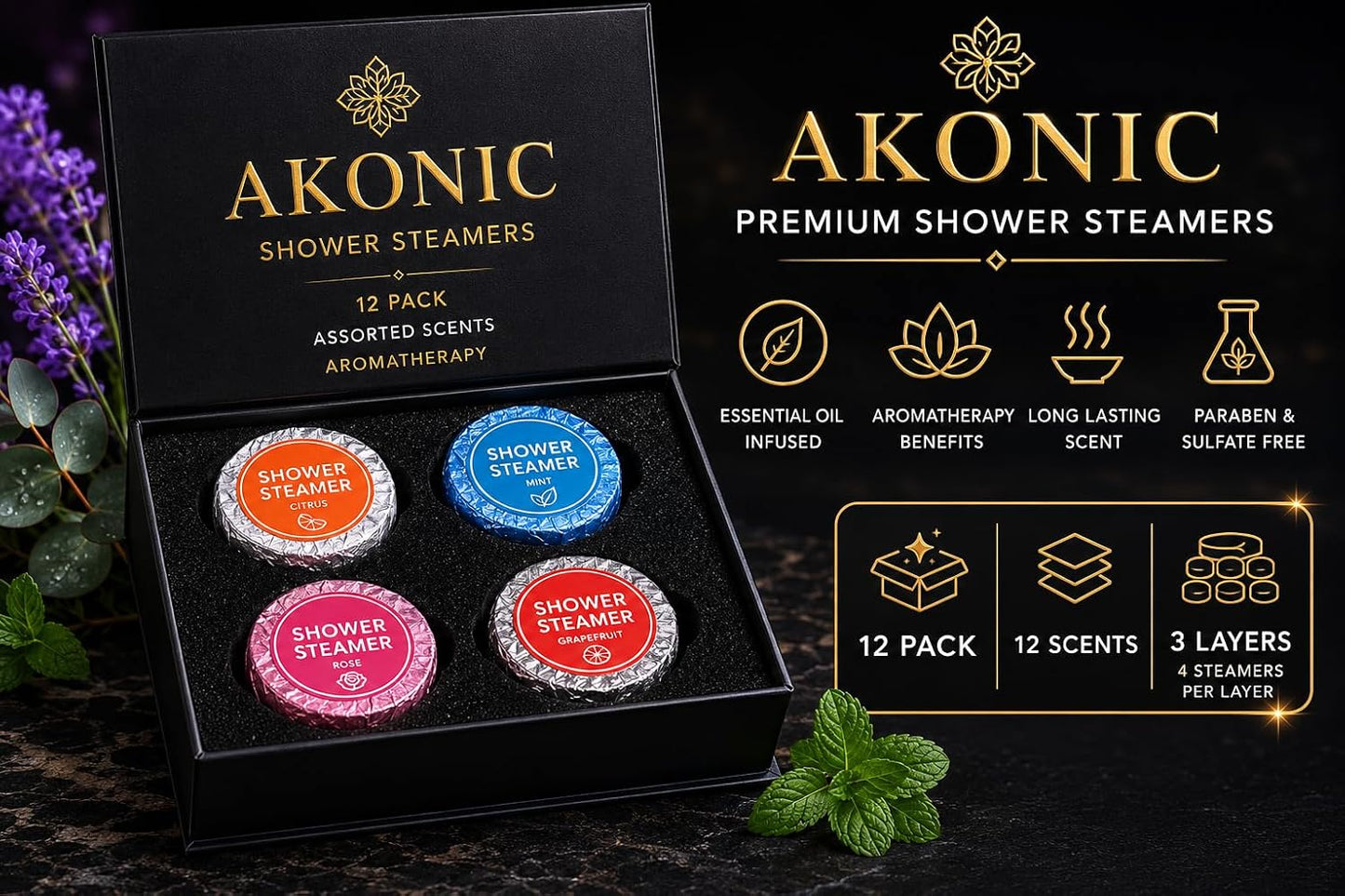 AKONIC Shower Steamers – 12 Pack – Assorted Scents Lavender