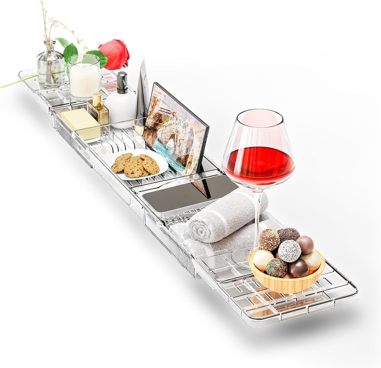 Expandable Acrylic Bathtub Tray for Tub, Bath Caddy Tray Table for Bathtub, Adjustable from 31.5 to 41 inch, Bathtub Rack fits Most Bathtubs and Bathroom Décor, Bath Tub Shelf Accessories for Women