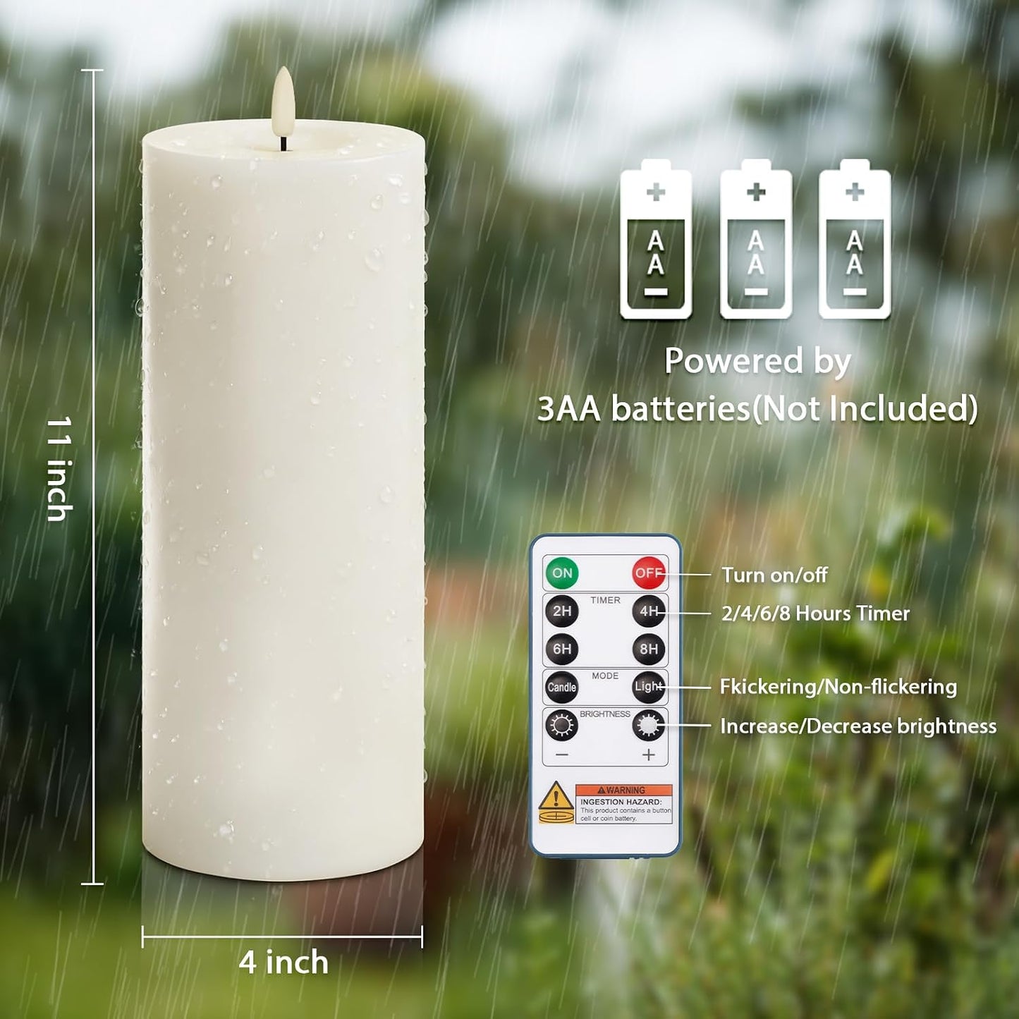 Homemory Outdoor Waterproof Flameless LED Candles 4" x 10", Battery Operated Large Pillar Candles with Remote & Timer, Long Lasting for Outdoor Lanterns & Patio, White, Set of 2