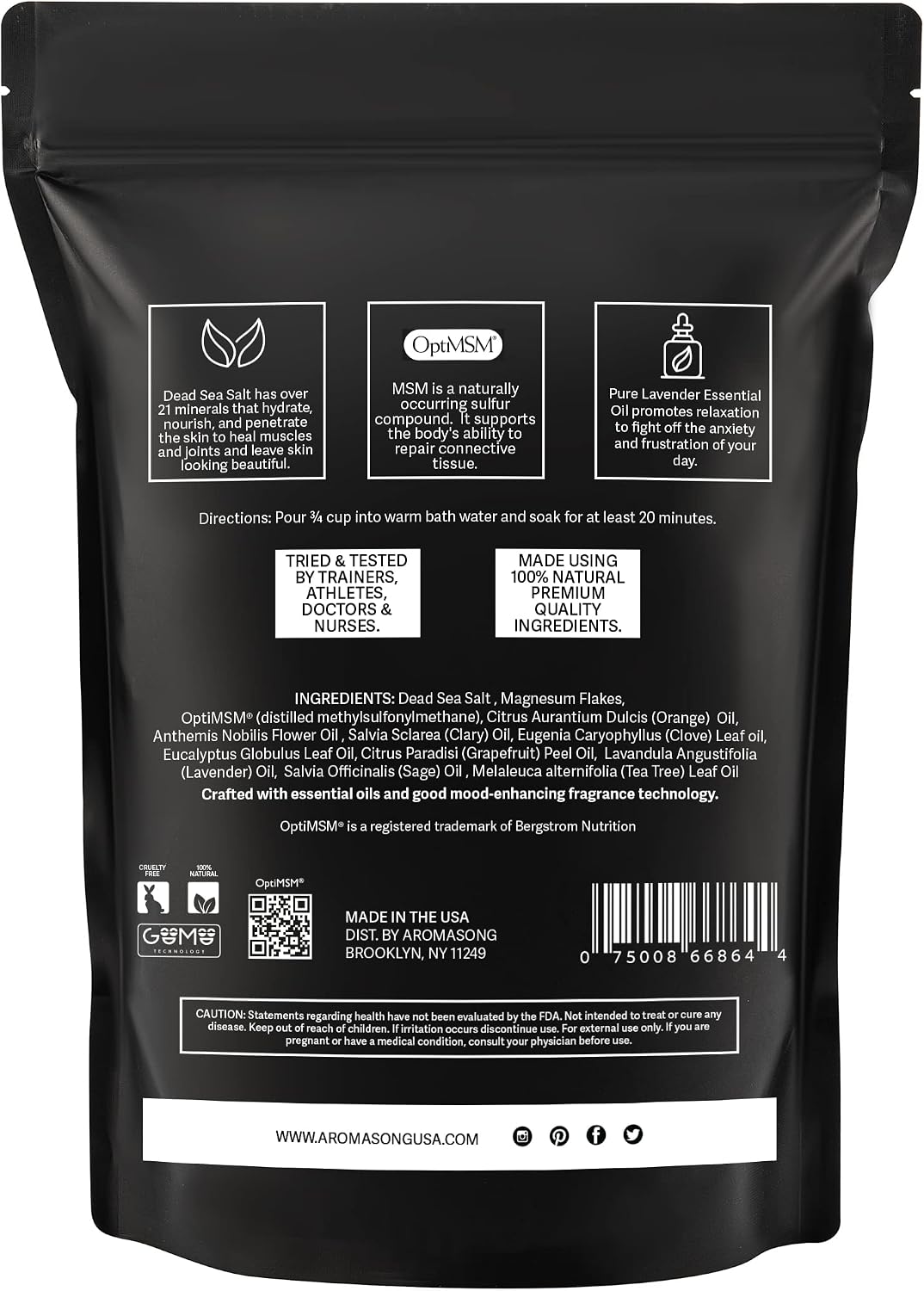 Aromasong Muscle Recovery Bath Soak with Dead Sea Salt, OptiMSM, Magnesium Flakes & Essential Oils for Post Workout Soreness - Made in USA - 14 oz. Bag Bath Salt for Pain Relief.
