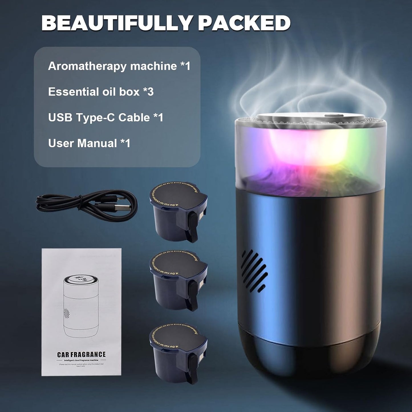 Smart Car Diffuser for Essential Oil with Smart Spray Modes (3 Settings) & Essential Oil Monitor, USB-C Rechargeable, Auto On/Off,Long Lasting (3 Scents Refills) Car Scent with 4 Ambient Light