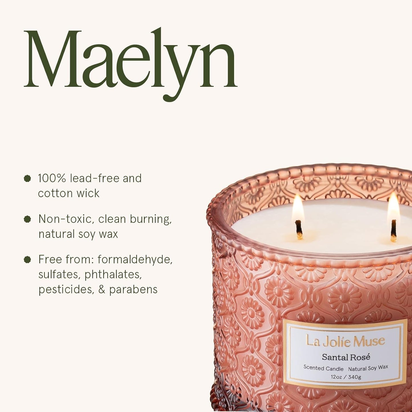 LA JOLIE MUSE Santal Rosé Scented Candles for Home, Natural Soy 2-Wick 12oz | Large Jar Luxury Candle, Clean Non Toxic, Gifts for Women, Decorative Pink Candles, Pretty Floral Candle, Sandalwood Rose