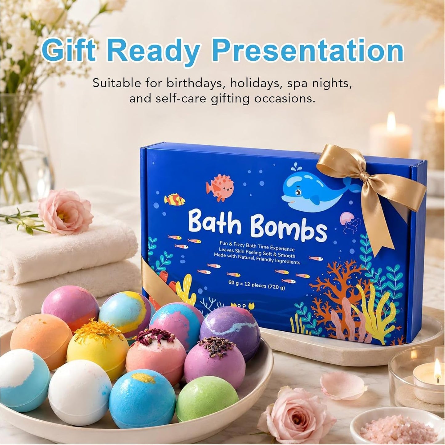 Ocean Theme Bath Bomb Set with Hidden Sea Creature Charms, 12 Colorful Fizzy Bath Bombs for Relaxing Bath Time, Self Care Gifts and Everyday Soaking Experience