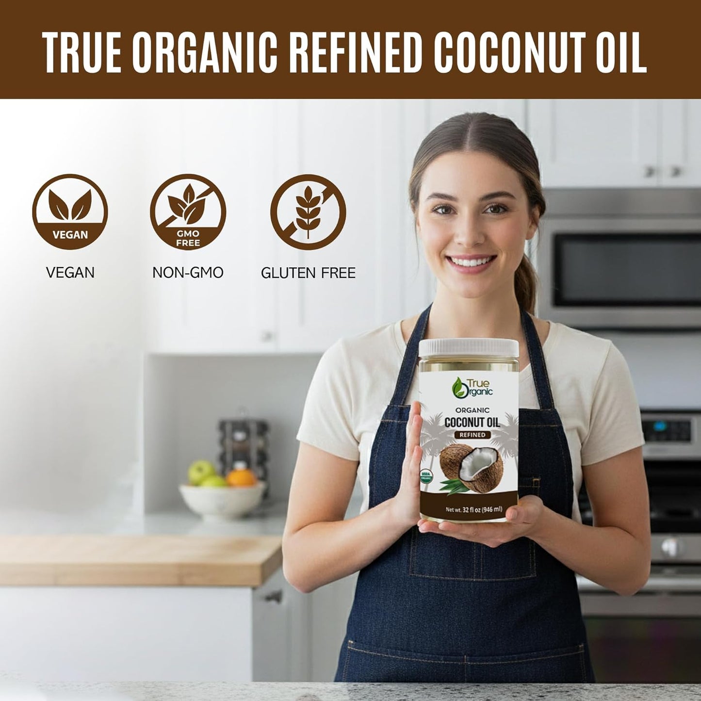 True Organic Refined Coconut Oil, 32 fl oz, USDA Organic Certified, for Cooking and Baking