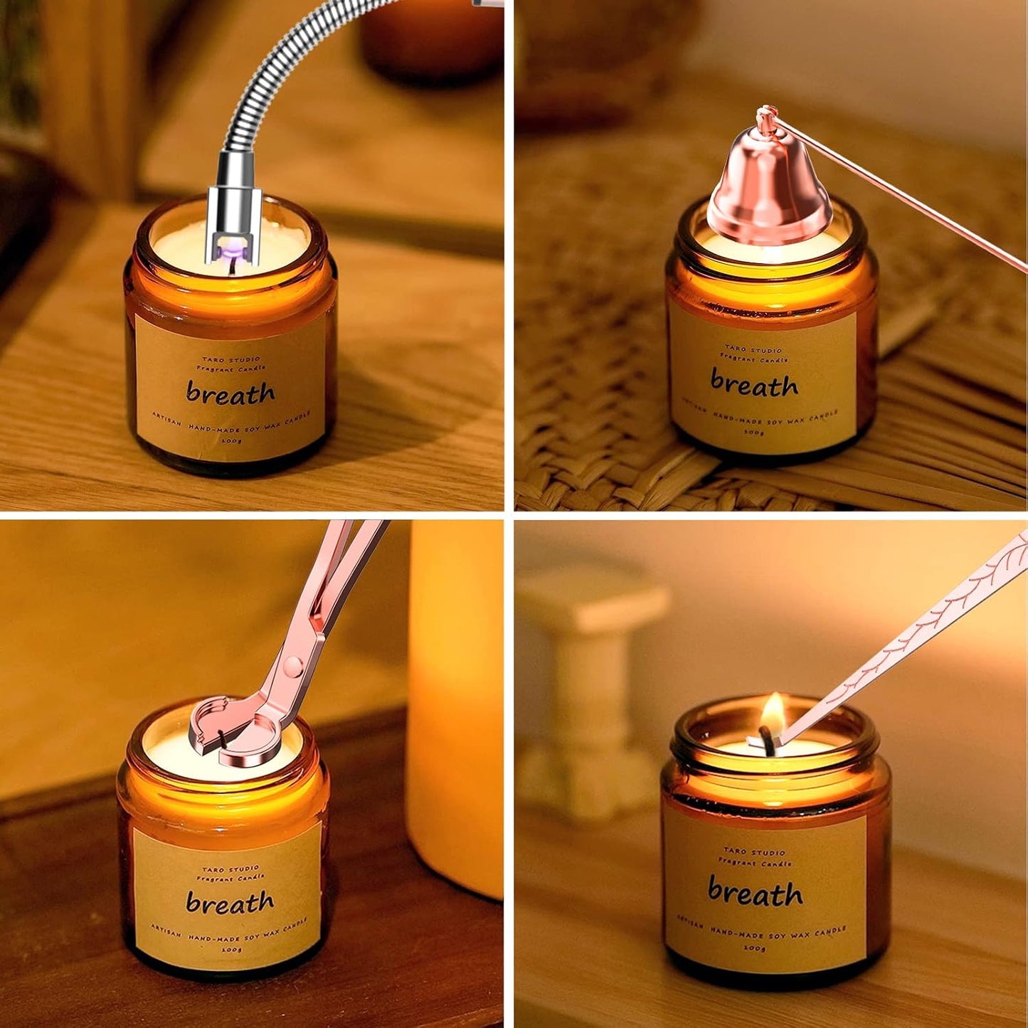 5 in 1 Candle Accessory Set,Candle Wick Trimmer Cutter Set,Candle Wick Dipper,Candle Wick Snuffer,Rechargeable Candle Lighter,Tweezers,Stainless Steel Candle Care Kit Gift for Aromatherapy