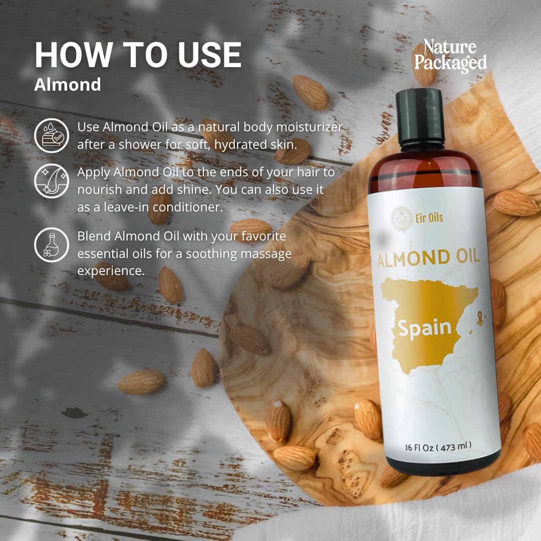 Sweet Almond Oil (16 oz) - for Skin and Hair - Carrier Oil for Essential Oils Mixing - From EIR Oils' Farm in Mallorca, Spain - 2 Packs