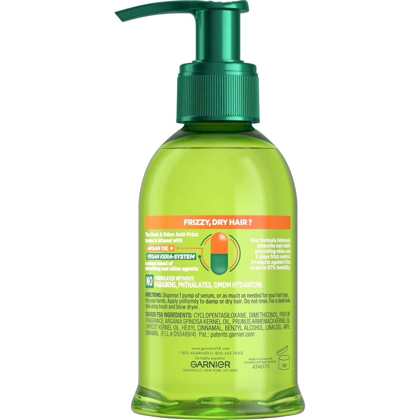 Garnier Fructis Sleek & Shine Anti-Frizz Serum, Leave-In Hair Treatment with Vegan Kera System + Argan Oil, Up to 72HR Frizz Control and Humidity Protection, For Frizzy, Dry Hair, 5.1 Fl Oz