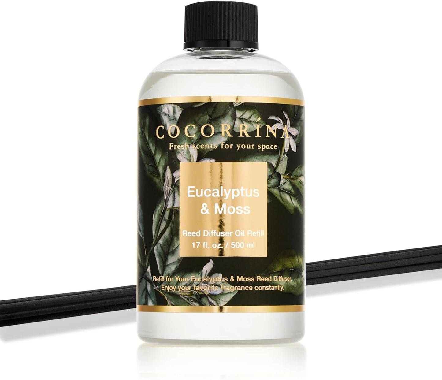 Cocorrína Reed Diffuser Refill Eucalyptus & Moss 17oz (500ml) with 8 Rattan Sticks - Premium Long-Lasting Essential Oil, Home Fragrance for Bedroom, Bathroom Home Decor