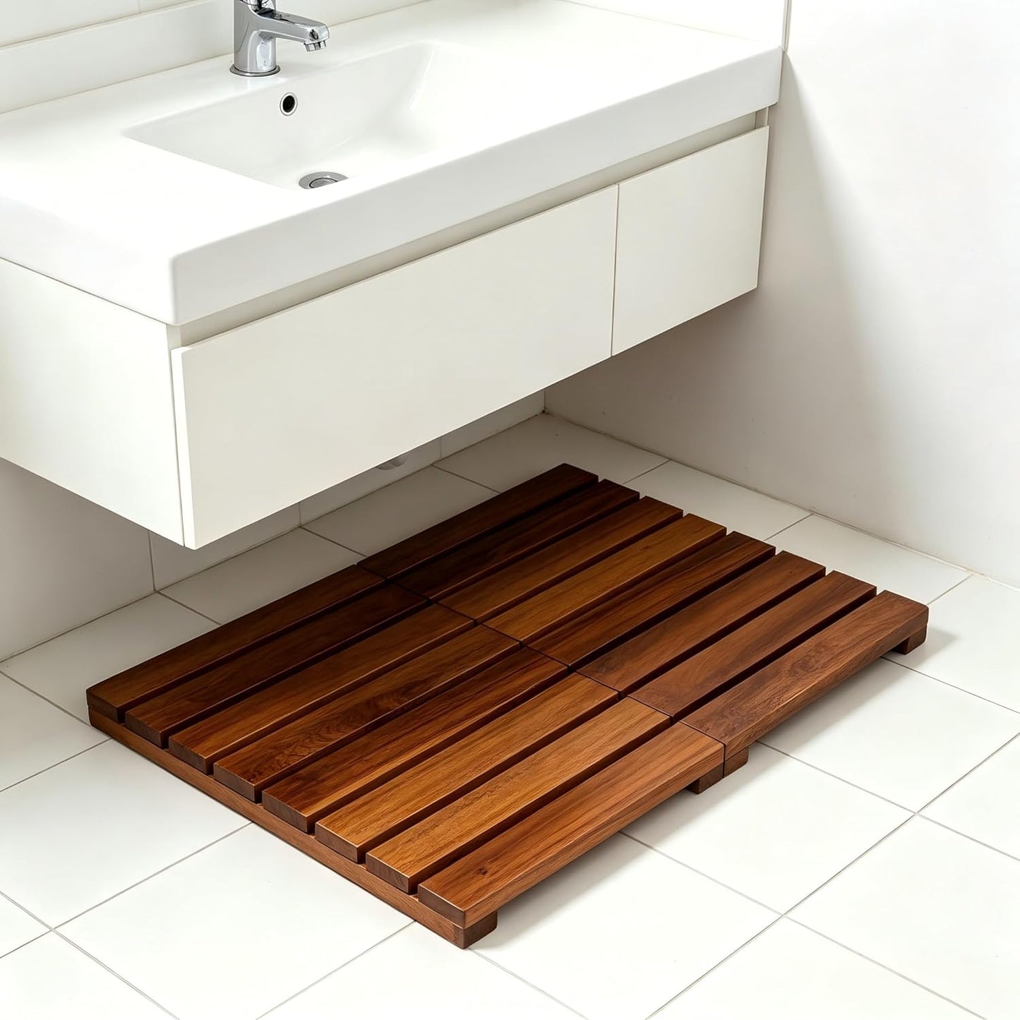Wood Shower Bath Mat - Foldable Wooden Bathroom Mat, Bamboo Teak Acacia Floor Mat Rugs for Inside Shower Platform Outdoor Indoor