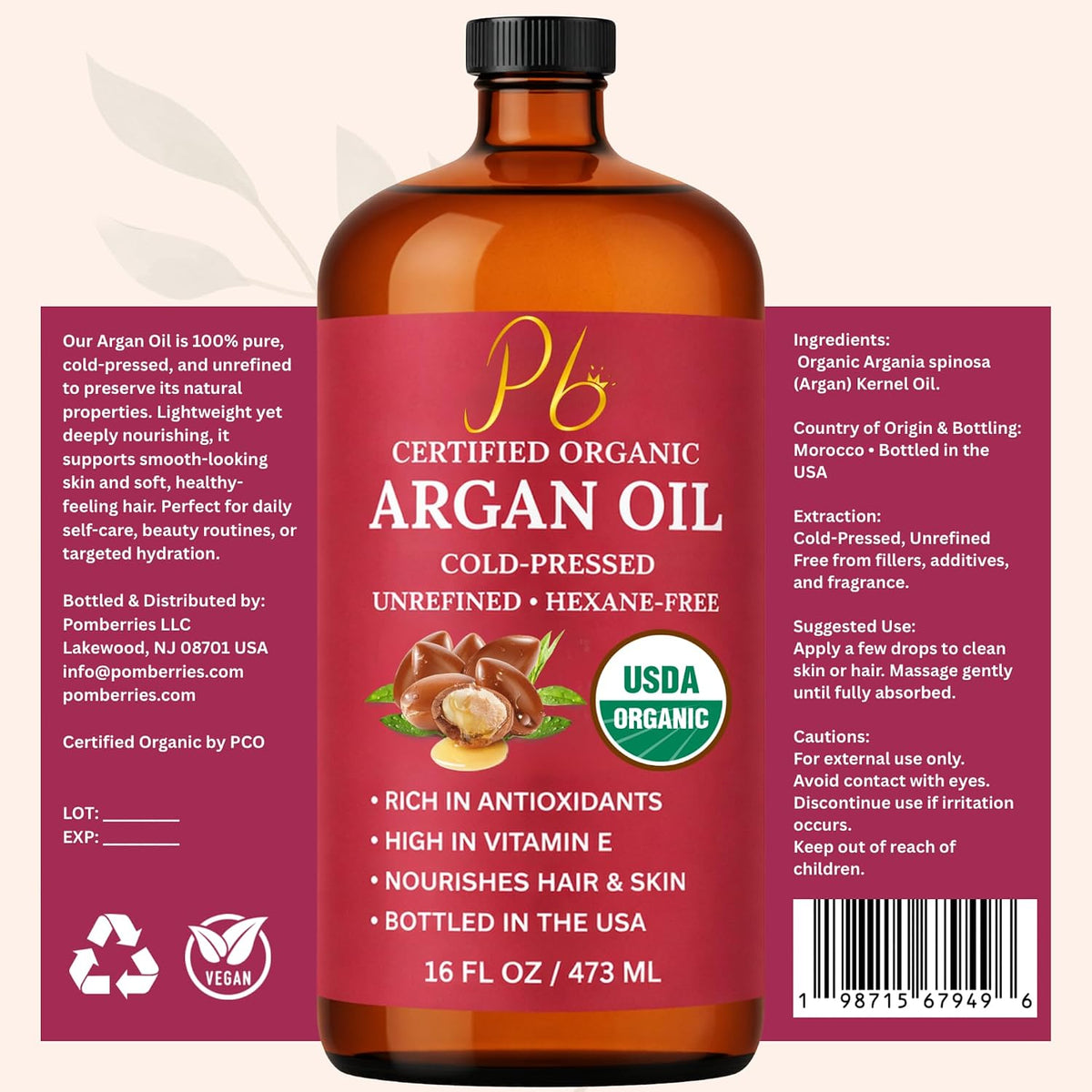 USDA Organic Argan Oil for Hair, Skin & Nails - 16oz Amber Glass Bottle