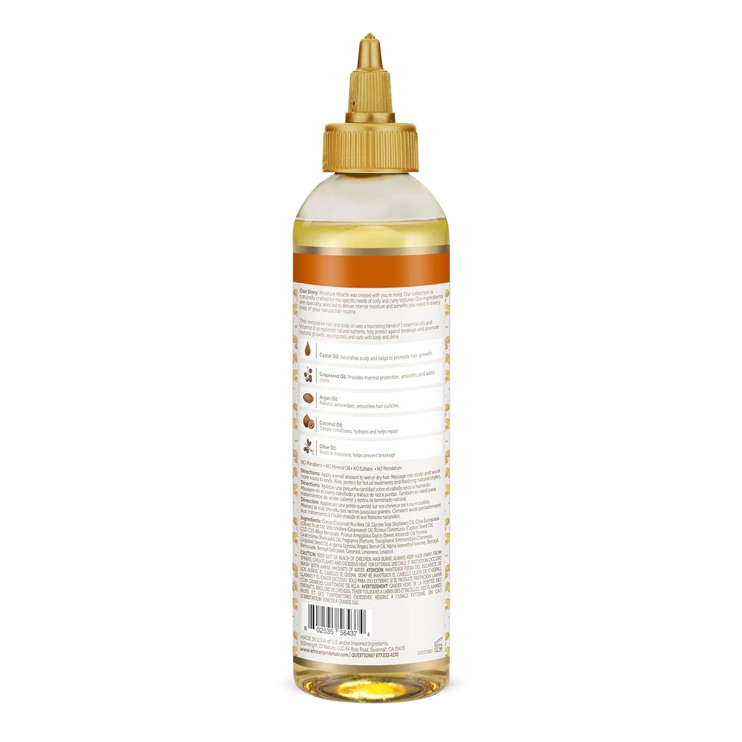 African Pride Moisture Miracle 5 Essential Hair Oils with Vitamin E | Moisture, Shine, Protection, and Growth | Argan, Castor, Grapeseed, Coconut, and Olive Oil | 8 oz